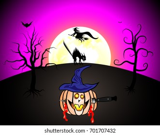 halloween pumpkin flying witch background