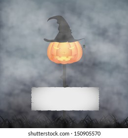 Halloween pumpkin in fog. Vector illustration
