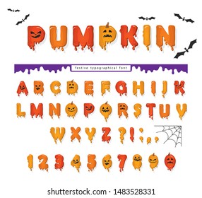 Halloween pumpkin font. Cute colorful letters and numbers with cpooky creepy faces. Cartoon funny alphabet for kids. Vector illustration
