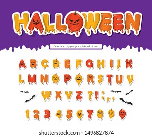 Halloween pumpkin font. Paper cut out ABC letters and numbers with cpooky creepy faces. Cartoon funny alphabet for kids. Vector illustration