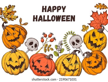 Halloween Pumpkin frame illustration. Hand drawn vector illustration. Jack o Lantern. Vintage design for the holiday Halloween. Design elements