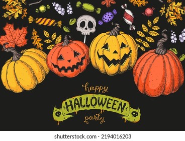 Halloween Pumpkin frame illustration. Hand drawn vector illustration. Jack o Lantern. Vintage design for the holiday Halloween. Design elements