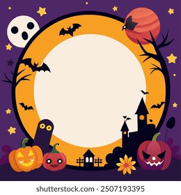 Halloween Pumpkin Frame: Spooky and whimsical Halloween frame with pumpkins, bats, a haunted house, and a full moon.