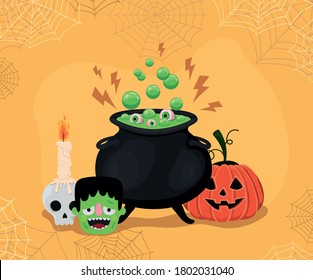 Halloween pumpkin frankenstein cartoons and witch bowl with spiderwebs frame design, Holiday and scary theme Vector illustration