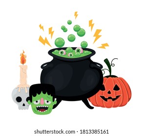 Halloween pumpkin frankenstein and skull cartoon with witch bowl design, Holiday and scary theme Vector illustration