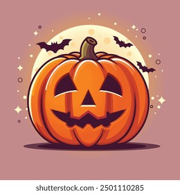 Halloween pumpkin in front of moon light and bats situated on dull pink background vector image