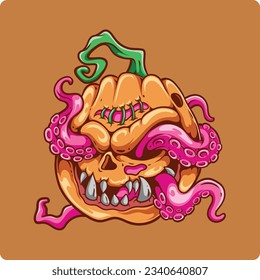 halloween pumpkin fruit vector illustration design octopus tentacles coming out of its eyes
