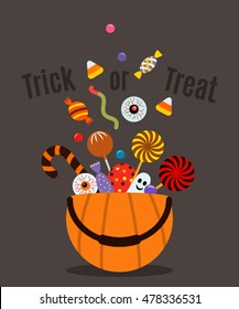 Halloween pumpkin full candy for children. flat vector illustration isolate on a white background