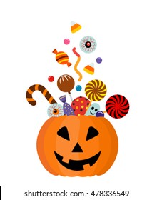 Halloween pumpkin full candy for children. flat vector illustration isolate on a white background