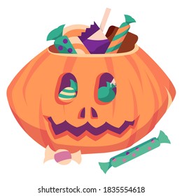 Halloween pumpkin full of candy and sweets isolated on white background. Vector icon illustration. Cute orange pumpkin. Trick or treat.