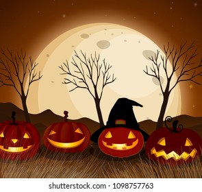 Halloween Pumpkin at Full Moon Night illustration