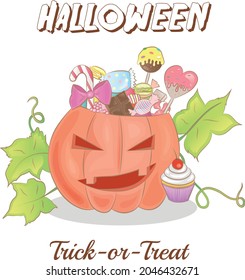 Halloween pumpkin full of sweets isolated on white vector illustration