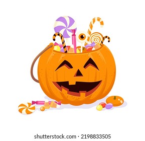 Halloween pumpkin full of various sweets, candies isolated on white background. Cartoon sweets pumpkin basket Cartoon vector illustration, halloween design  element, trick or treat bag.