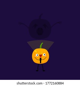 halloween pumpkin funny cartoon character shines a flashlight on himself over him the shadow of a scary monster the concept of the autumn holiday and mysticism