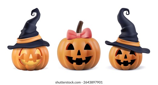 Halloween pumpkin funny character set. 3d vector invitation decor, girl smiling face and black witch hats. Scary happy smile, jack head costume png. Cute black wizard cap or pink bow realistic sticker