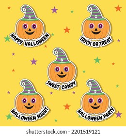 Halloween Pumpkin Funny cheerful trendy retro style comic cartoon characters sticker pack. Vintage Halloween Pumpkin character set in cartoon comic style and halloween set of patches for design.