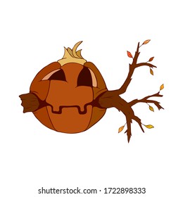 Halloween pumpkin, funny and cute, with big branch in mouth. Vector Illustration.