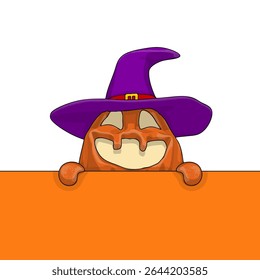 Halloween pumpkin funny and cute peeks out behind the wall. One of the symbols of the autumn holiday. Vector illustration.