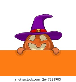 Halloween pumpkin funny and cute peeks out behind the wall. One of the symbols of the autumn holiday. Vector illustration.