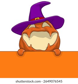 Halloween Kürbis lustig und süß blickt hinter die Wand. Eines der Symbole der Herbstferien. Vektorgrafik.