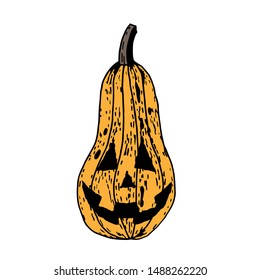 Halloween pumpkin with funny face, hand drawn vector illustration isolated on white background.