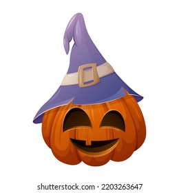 Halloween pumpkin with funny face in the magic hat. Cartoon vector illustration. 