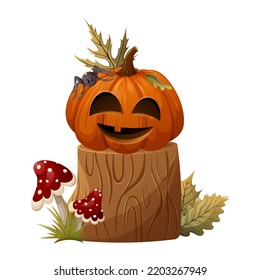 Halloween pumpkin with a funny face on a stump. Next to the spider, autumn leaves and fly agaric. Cartoon vector illustration