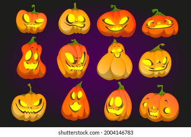 Halloween pumpkin funny faces, jack-o-lantern cartoon character emoji, cute or spooky smiling ghosts with glowing eyes and toothy mouth. Jack lanterns squash mascots laughing, vector illustration, set