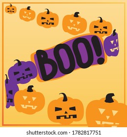 Halloween Kürbisgarland mit Licht innen und Text BOO! Flache Vektorgrafik mit Kürbissen als Karte, Gruß, Halloween-Partyeinladung. Halloween-Kürbispferd.