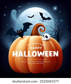 Halloween Pumpkin, ghost, bat flying, on full moon at night dark blue background poster flyer design, Eps 10 vector illustration