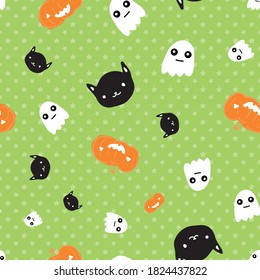 Halloween Pumpkin Ghost Black Cat Star Seamless Pattern. Vector illustration. Perfect for Halloween, party, autumn, harvest, fashion, decoration, textile design, background, illustration, carpet and