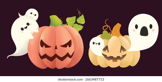 halloween pumpkin and ghost bundle.cute funny halloween characters collection. jack o lantern and spooky spirit.