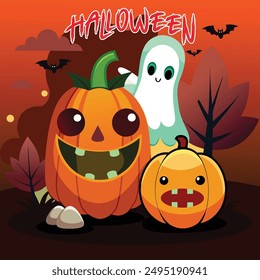 Halloween Pumpkin And Ghost Cartoon 