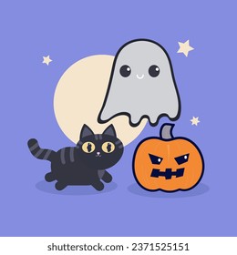 halloween pumpkin with a ghost and cat
