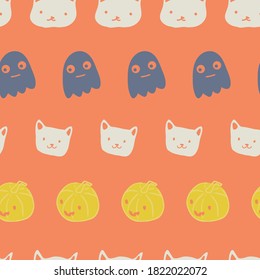 Halloween, Pumpkin, Ghost and Cat Seamless Pattern. Vector illustration. Perfect for Halloween, fashion, decoration, textile design, background, illustration, carpet and rug