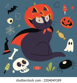 Halloween pumpkin ghost cute cat illustration for halloween party