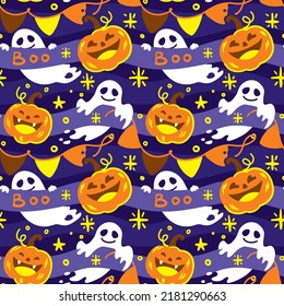 Halloween, Pumpkin And Ghost. Cute Print For Kids. Seamless Pattern For Fabric, Wrapping, Textile, Wallpaper, Clothes. Vector.