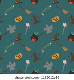 Halloween pumpkin ghost and eyeball creepy seamless pattern. vector illustration for fashion textile print and wrapping with festive design.
