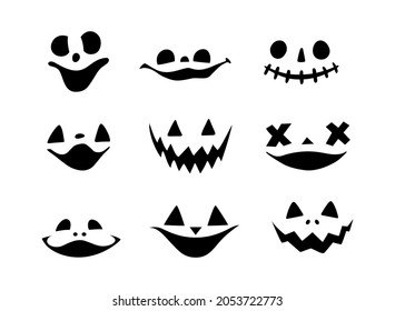 Halloween pumpkin or ghost faces vector set. Spooky pumpkin smile isolated on white background. Devils smiles. Cartoon monster collection.