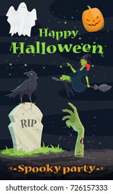 Calabaza de Halloween y pancarta de bienvenida fantasma. Espeluznante linterna de Halloween, fantasma volador y bruja, cementerio grave con mano zombie y cementerio RIP para el diseño de la invitación de la fiesta de octubre.