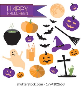 Calabaza de Halloween, fantasma, sombrero, escoba, zombie en la tumba, murciélagos, luna y texto Feliz Halloween aislado en un fondo blanco para el diseño. Ilustración de material vectorial plano con conjunto o colección de decoración
