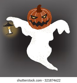 Halloween pumpkin ghost holding lantern