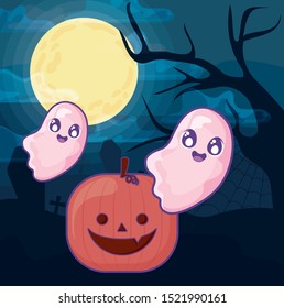 halloween pumpkin with ghost on halloween scene vector illustration design
