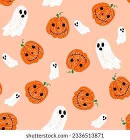 Halloween pumpkin and ghost seamless cute pattern. For backdrop, wrapping paper, fabric, wallpaper. fashion prints. Printing with in hand drawn style Pastel background.