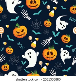 Halloween pumpkin and ghost seamless pattern on blue background. Cute halloween ghost and decoration pattern background. Halloween theme design vector illustration