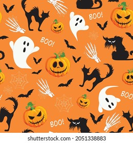 Halloween pumpkin and ghost seamless pattern on orange background. Cute halloween ghost and decoration pattern background. Halloween theme design vector illustration