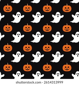 Halloween pumpkin and ghost seamless pattern on black background