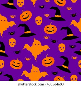 Halloween pumpkin and ghost seamless pattern background. Handmade geometric halloween pattern for design card, invitation, menu etc.