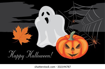 Halloween pumpkin, ghost and spiders. Greeting postcard. Vector