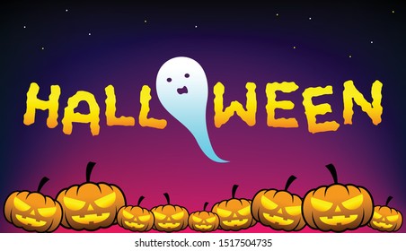 Halloween pumpkin and ghost in twilight background